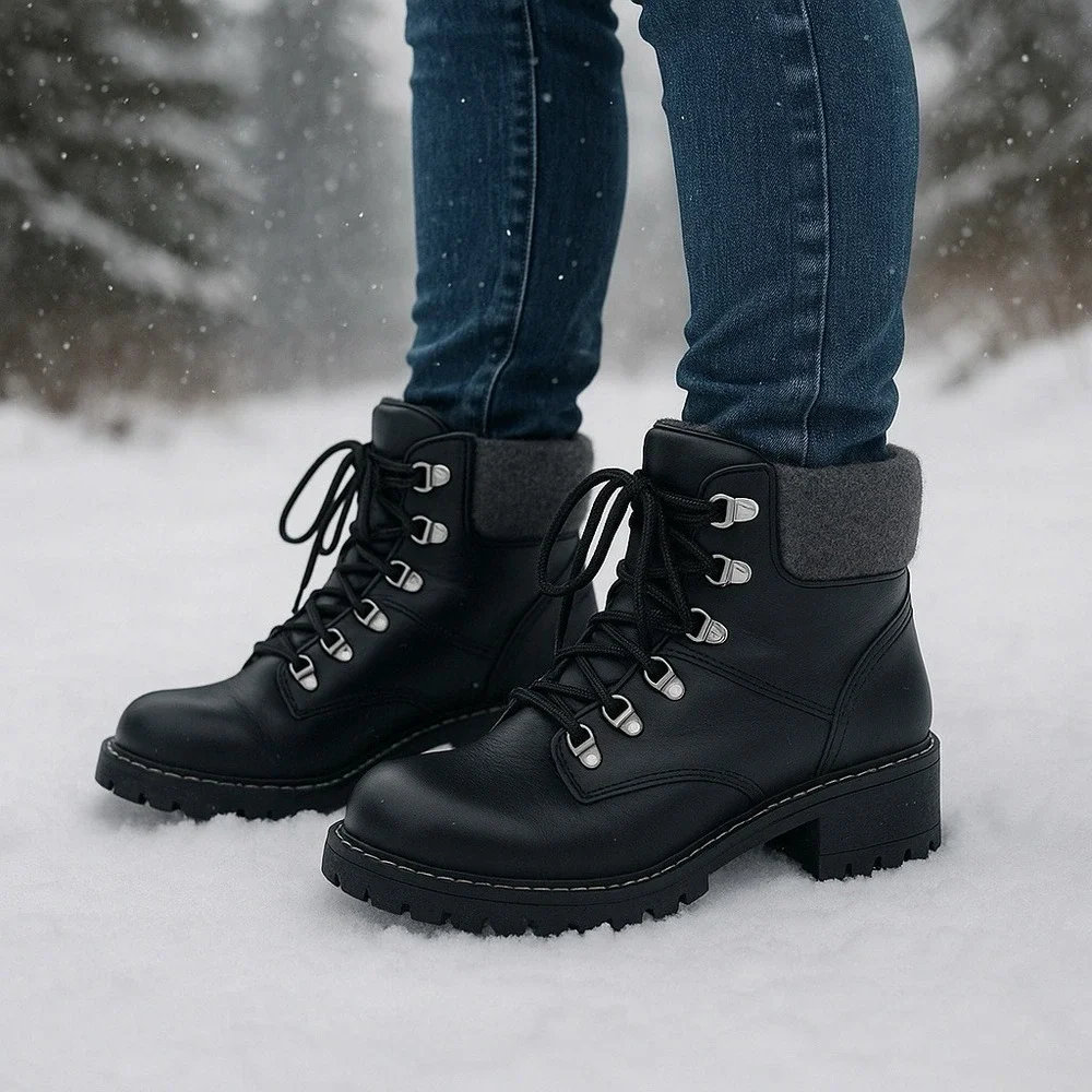 St. Johns Bay Womens Blak Hiking Boots Size 7M‎ Flaux Lether Memory Foam Winter - Picture 2 of 11